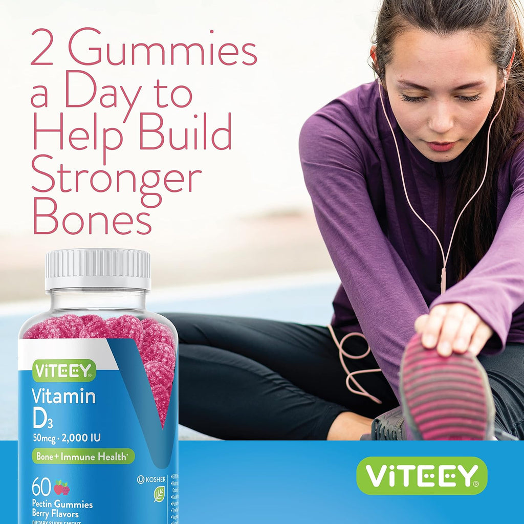 Viteey Vitamin D3 Gummies - 2000 UI, 50 mcg - Gomitas de vitamina D3 para adultos y adolescentes - Sabor a bayas - 60 unidades
