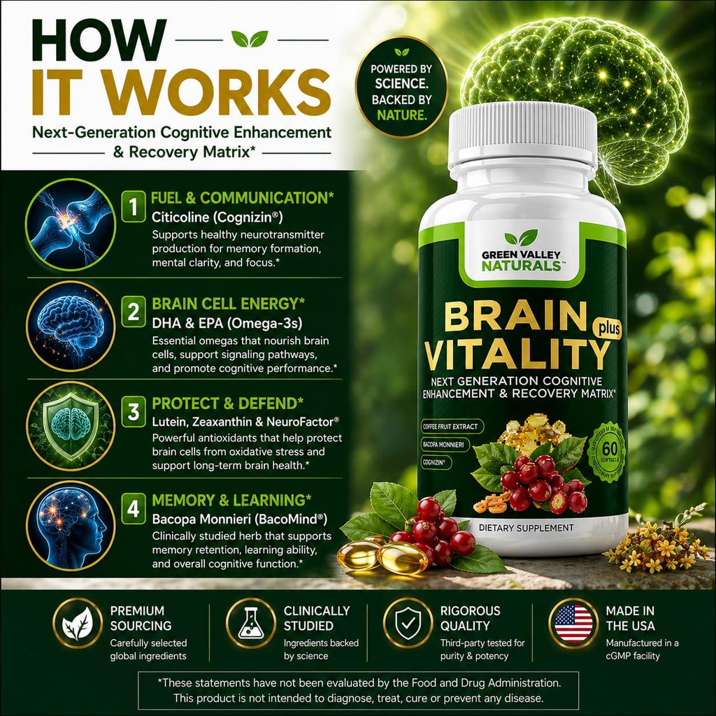 GREEN VALLEY NATURALS Brain Vitality Plus™ – Apoyo Cognitivo para Memoria, Concentración y Claridad Mental con Cognizin® Citicolina, Bacopa Monnieri y DHA Omega-3 | 60 Cápsulas Blandas