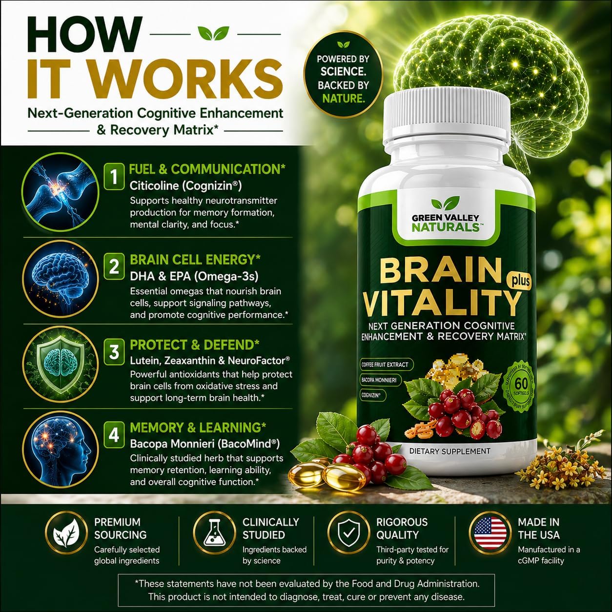 GREEN VALLEY NATURALS Brain Vitality Plus™ – Apoyo Cognitivo para Memoria, Concentración y Claridad Mental con Cognizin® Citicolina, Bacopa Monnieri y DHA Omega-3 | 60 Cápsulas Blandas