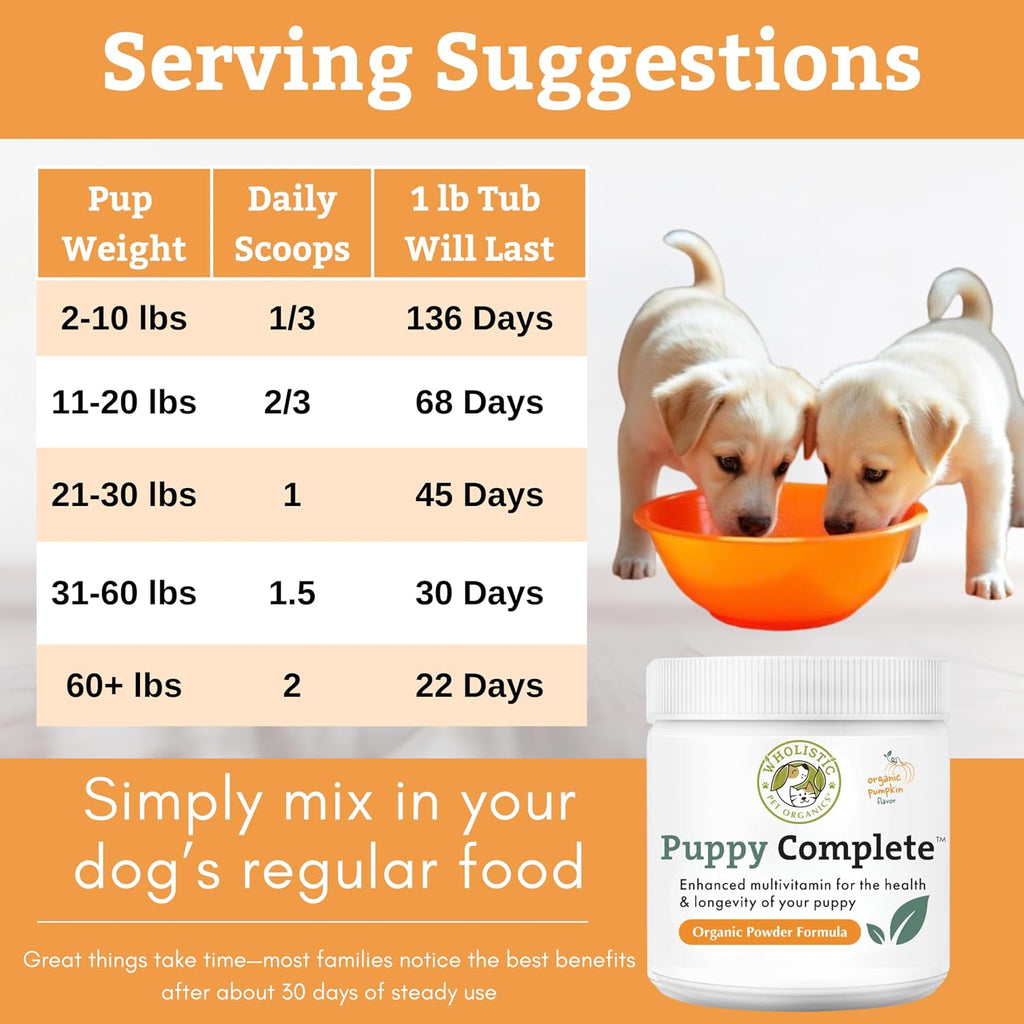 Wholistic Pet Organics Puppy Complete - Multivitamínico en polvo para cachorros (45 dosis)