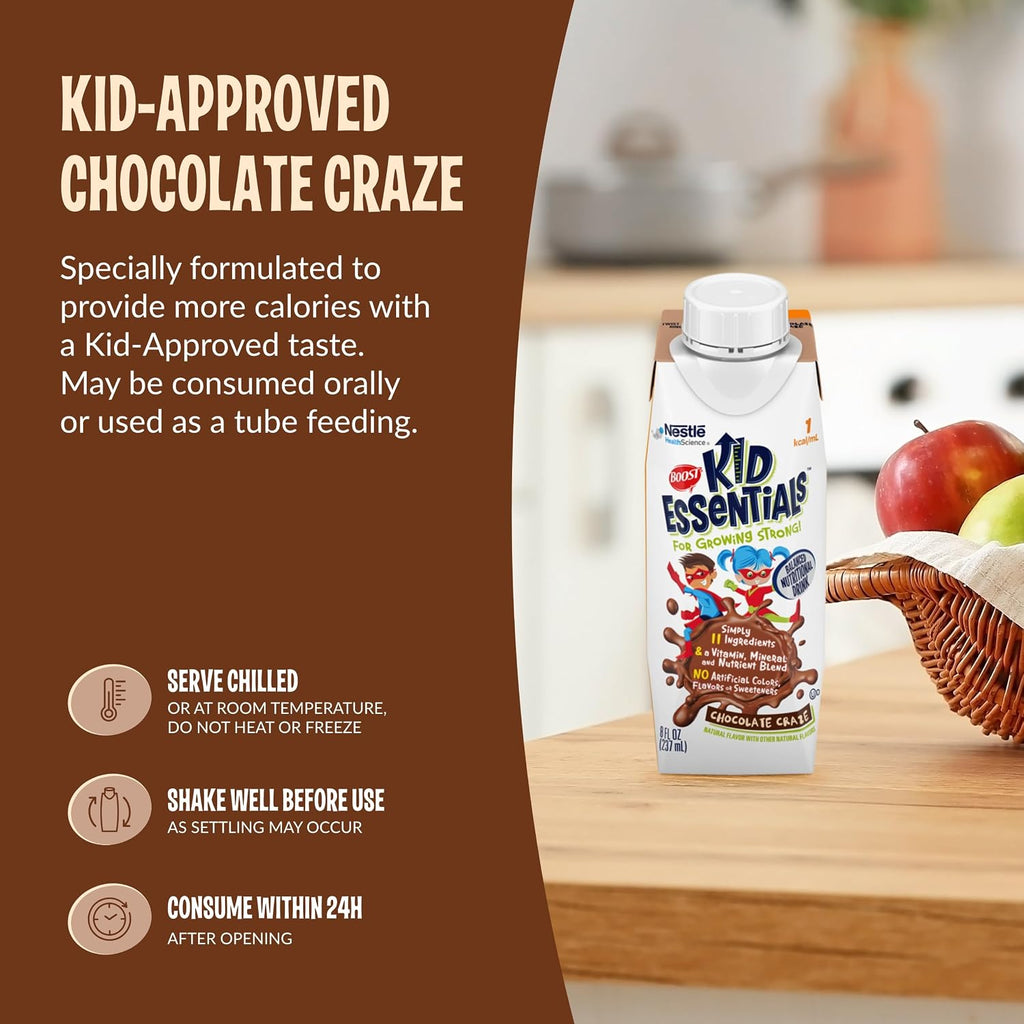 BOOST Kid Essentials 1.0kcal Bebida Nutricional Equilibrada para Niños, Chocolate Craze, 240 ml (Pack de 24)