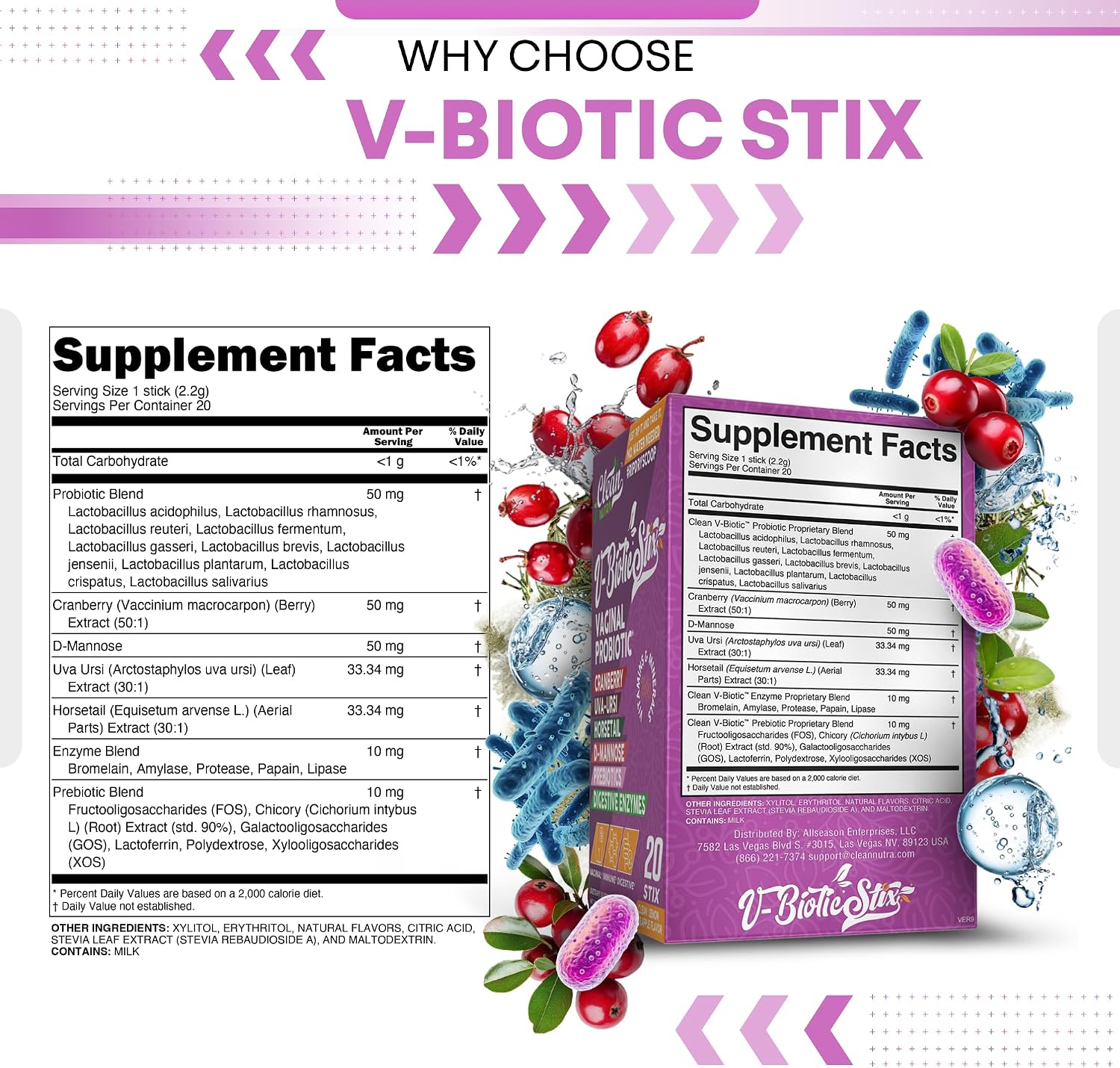 Clean Nutraceuticals Probióticos Vaginales para Mujeres con Extracto de Arándano, D-Manosa, Prebióticos, Equilibrio del pH, Salud Vaginal – Alternativa Probiótica Femenina a las Gominolas - 20 Sticks