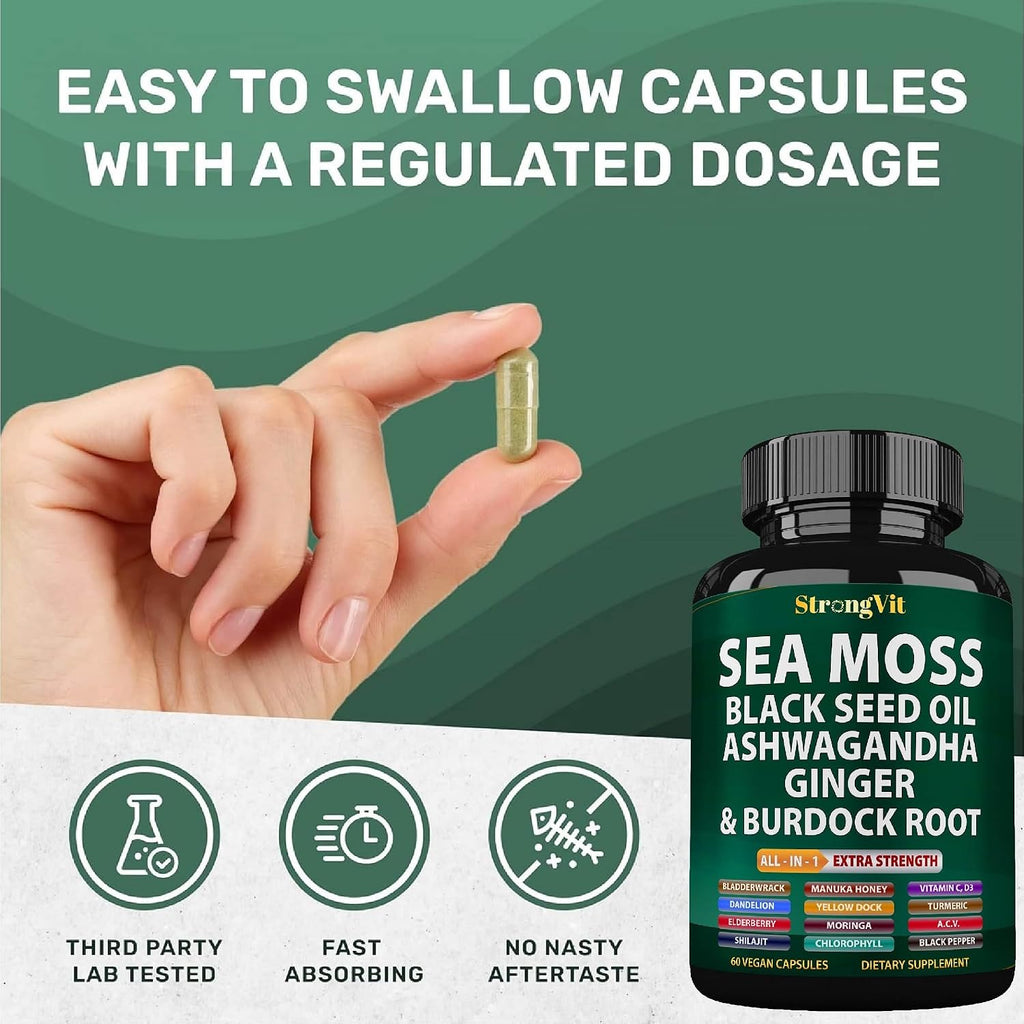 StrongVit Cápsulas de Sea Moss Orgánico con Aceite de Semilla Negra, Ashwagandha y Jengibre, Raíz de Bardana y Vejiga de Mar, Suplemento Multimineral Avanzado