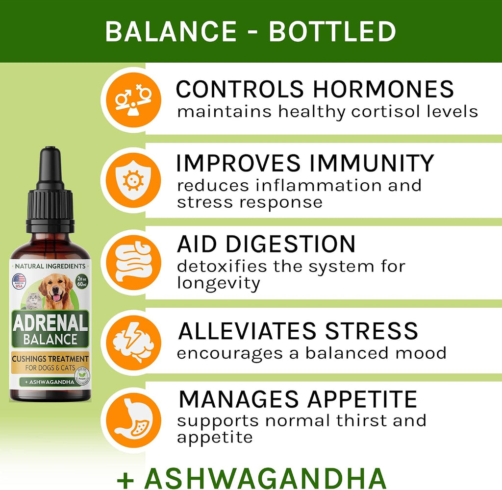 Adrenal Balance para Perros y Gatos - Tratamiento de Cushing con Ashwagandha, Regaliz y Rodiola - Gotas Herbales 60ml
