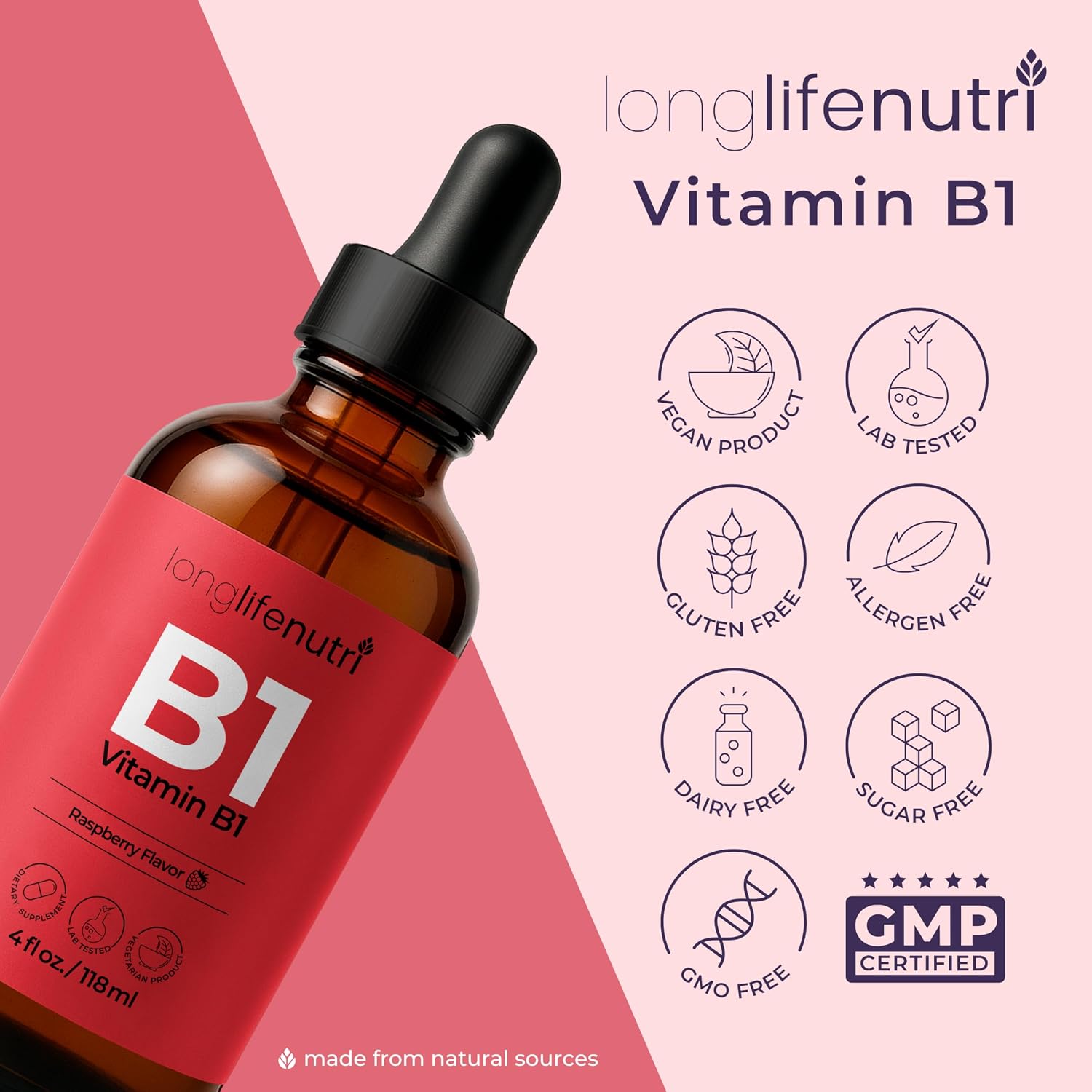 LongLifeNutri Vitamina B1 Gotas Líquidas - Tiamina Mononitrato para Energía y Salud Nerviosa, Absorción Rápida, 118 ml, 5 Meses de Suministro