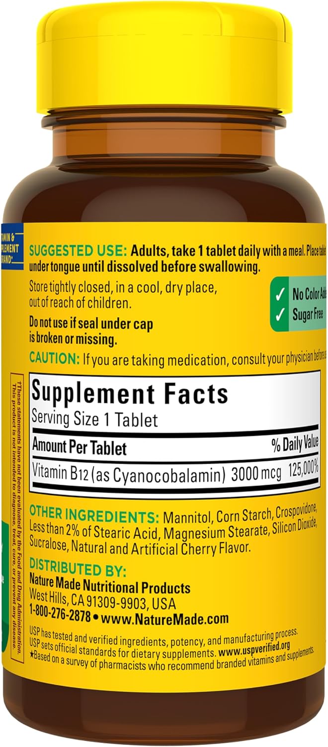 Vitamina B12 3000 mcg Sublingual – Nature Made – Comprimidos de Disolución Rápida sin Azúcar (40 Unidades)