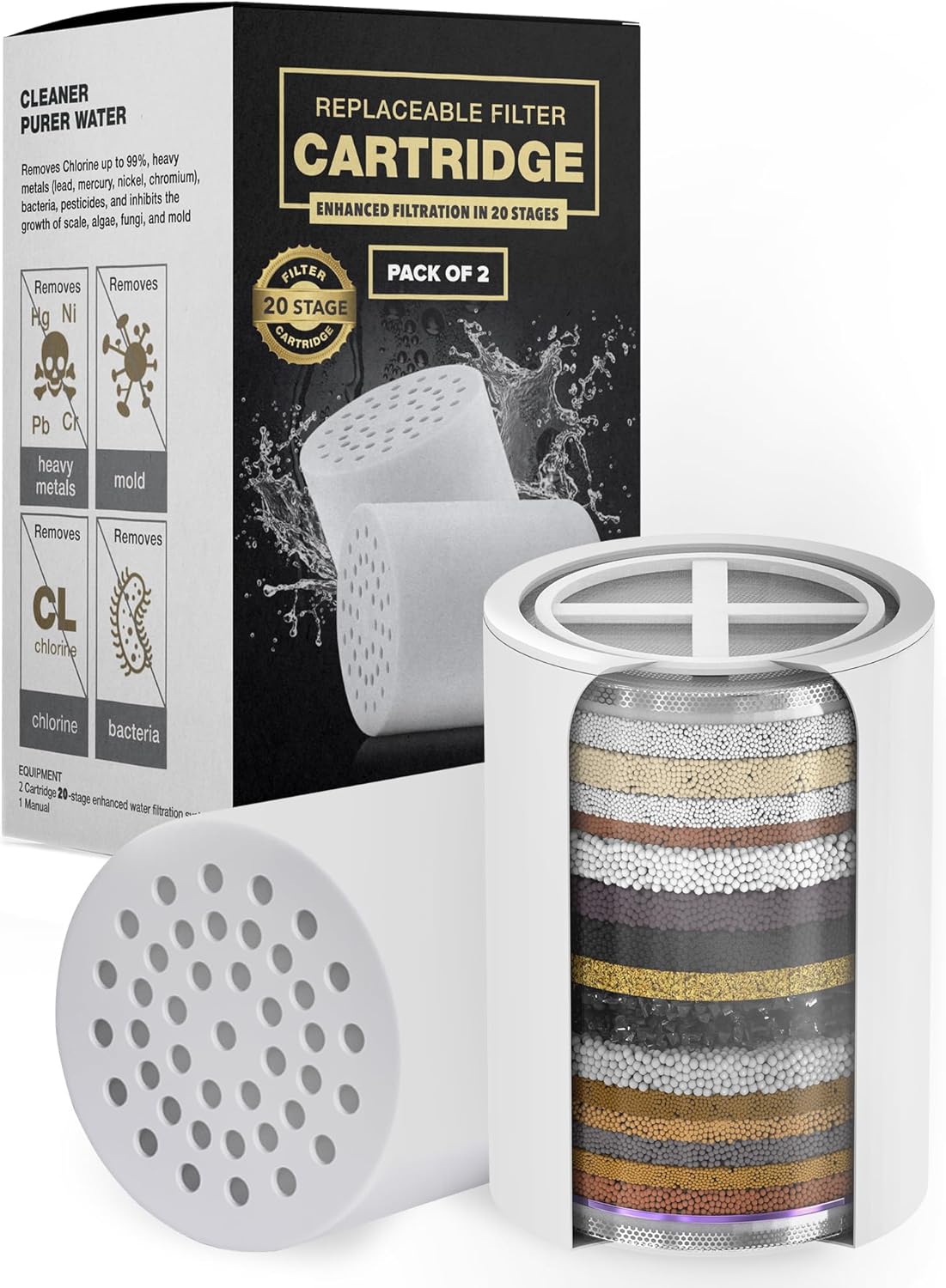 AquaHomeGroup Cartucho de repuesto premium de 20 etapas (paquete de 2, sin carcasa), compatible con cualquier filtro de ducha de diseño similar de 15 y 20 etapas