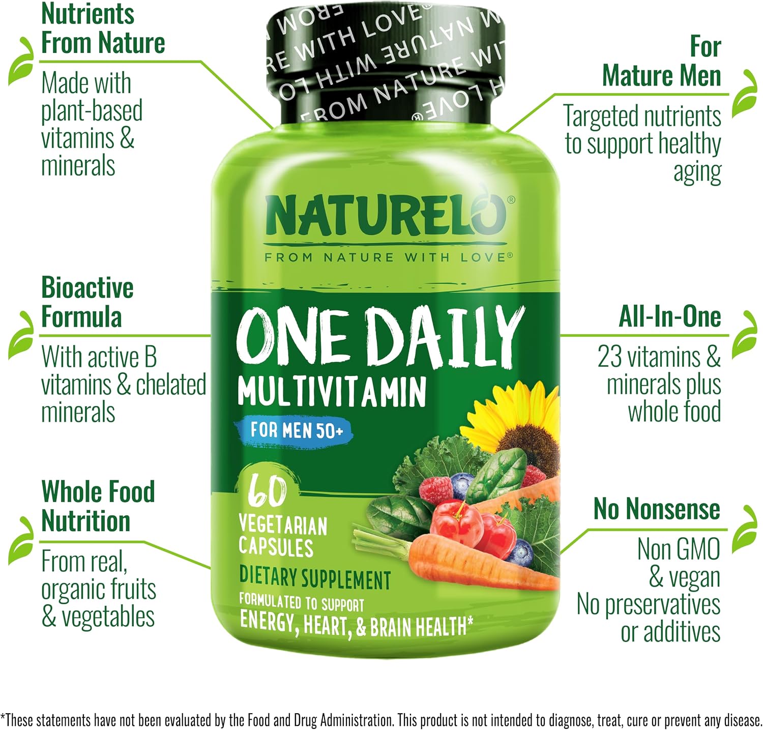 NATURELO Multivitamínico para Hombres 50+ - 60 Cápsulas Vegetales