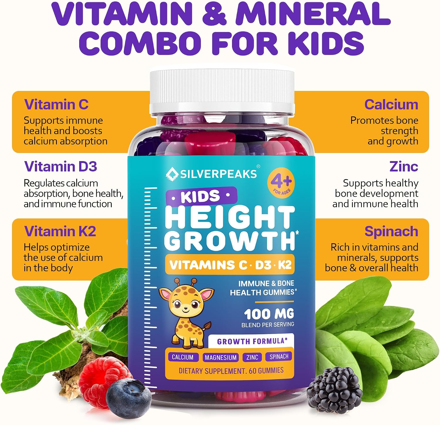 SILVERPEAKS Gomitas de Crecimiento para Niños – Complemento Multivitamínico con Calcio y Vitamina D – 60 Ud.