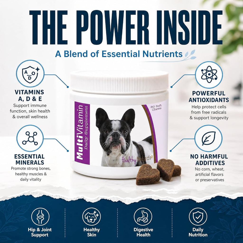 Healthy Breeds French Bulldog Multivitamínico Todo en Uno Masticable Suave – 120 Unidades