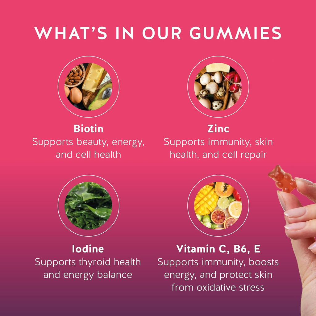 Gominolas de Biotina 5,000 mcg para Cabello, Piel y Uñas – con Vitaminas C y E – 90 Gominolas – Vegano
