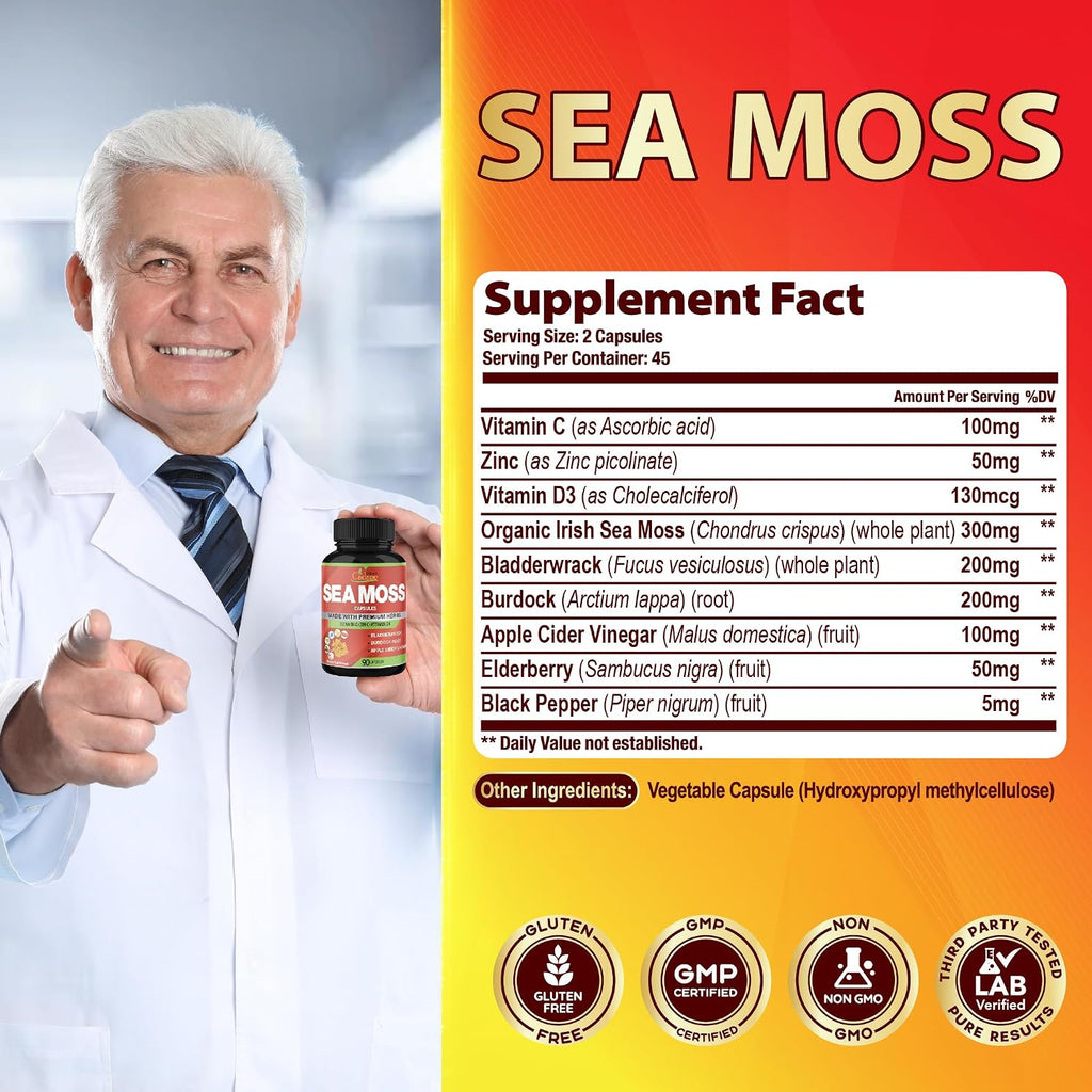 Organic Cadane Irish Sea Moss Extract Cápsulas - 90 cápsulas