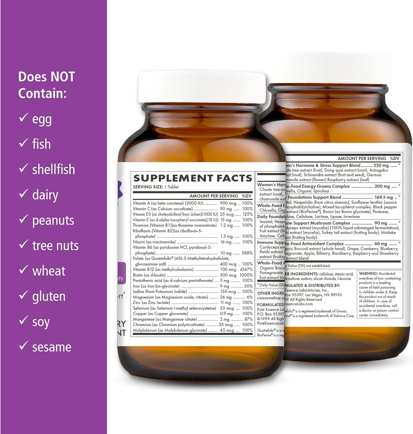 PURE ESSENCE LABS One N Only Multivitamínico para Mujeres – Suplemento natural con vitamina D3, B12 y biotina, 30 comprimidos