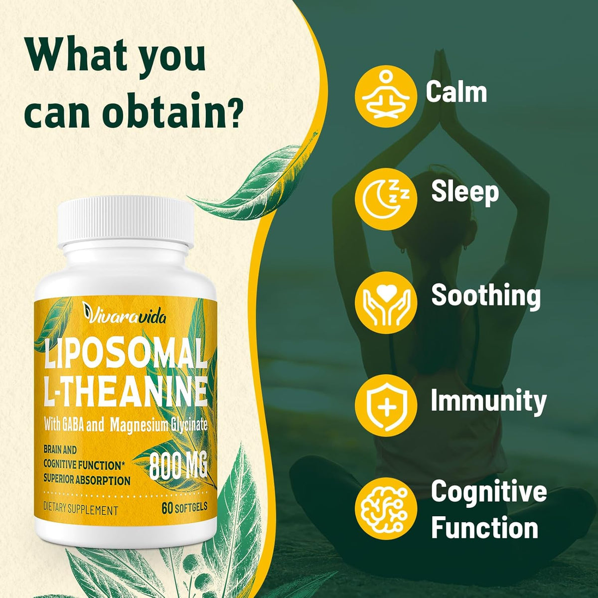 Vivaravida L-Theanina 800mg con GABA y Glicinato de Magnesio - Compuesto Natural para el Sueño y la Relajación (60 Cápsulas – Image 3