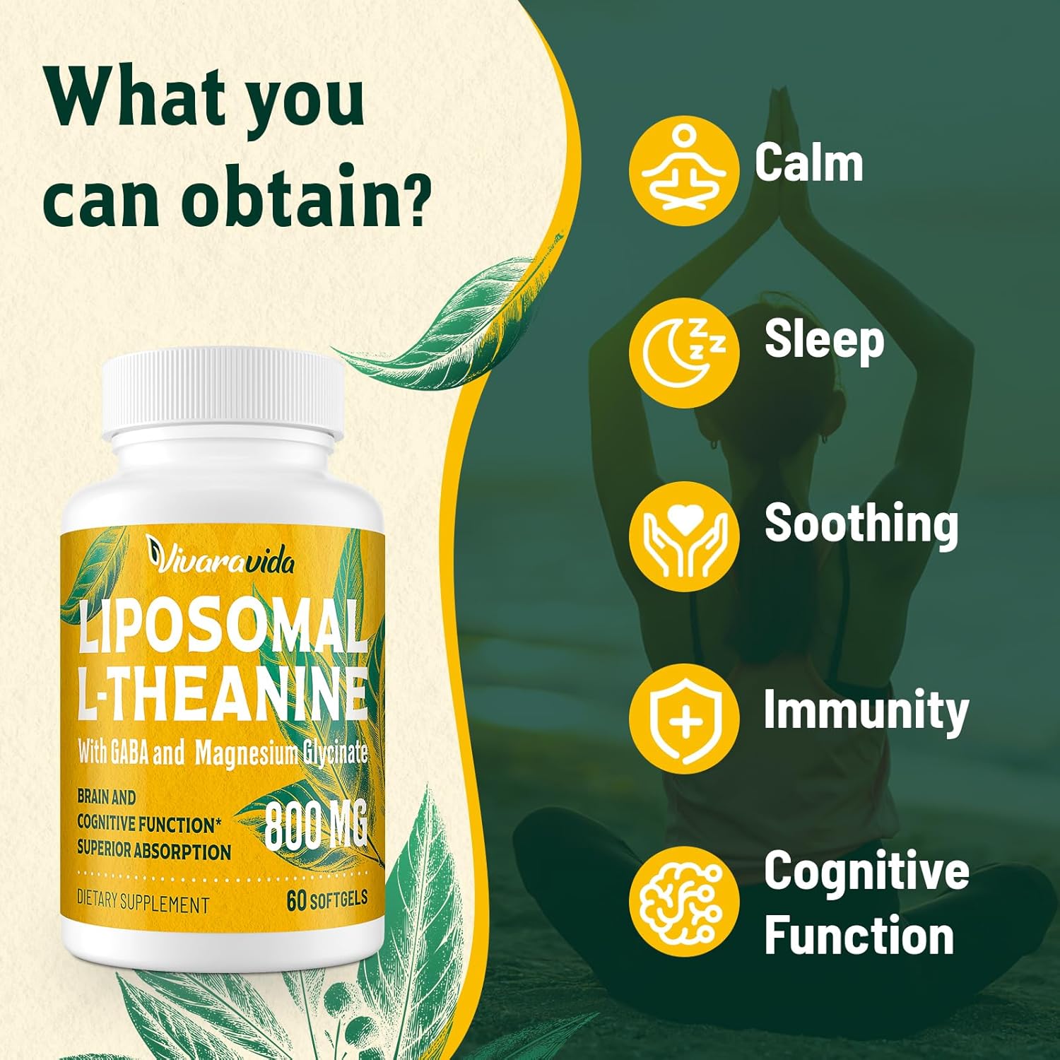 Vivaravida L-Theanina 800mg con GABA y Glicinato de Magnesio - Compuesto Natural para el Sueño y la Relajación (60 Cápsulas Blandas)