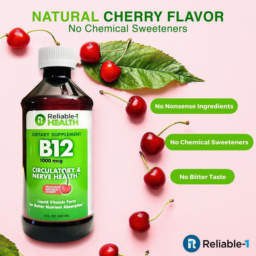 Reliable-1 Laboratories Vitamina B12 Líquida 1000mcg – Suplemento Diario para Hombres y Mujeres – Sabor Natural a Cereza