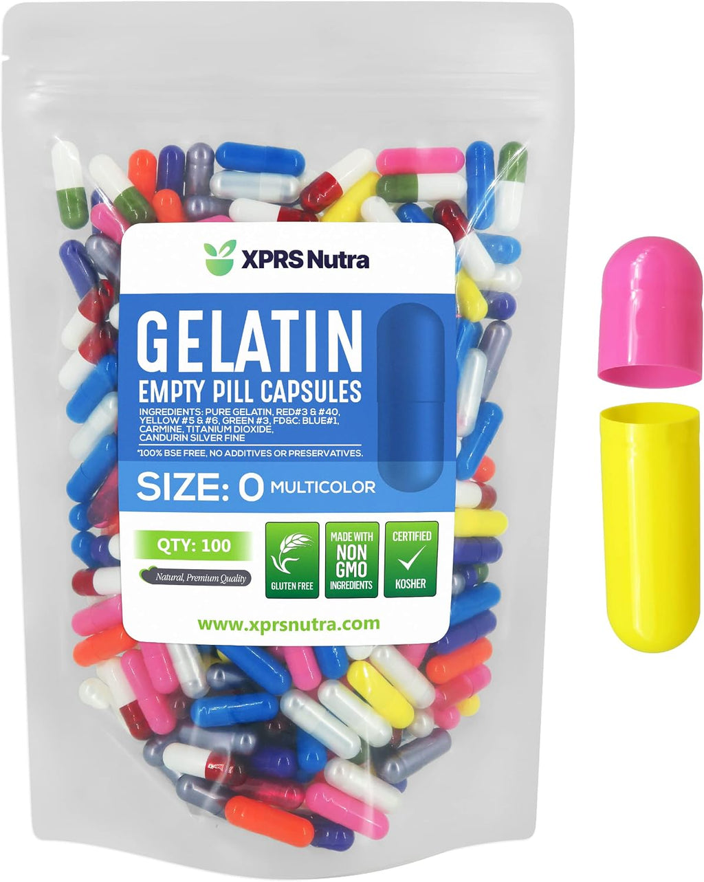XPRS Nutra Cápsulas Vacías Tamaño 0 - 100 Unidades de Gelatina Bovina para Llenar Suplementos (Multicolor)