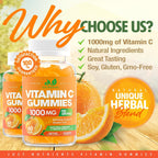 Vitamin C Gummies 1000mg – Multivitamínico masticable para adultos y niños con Zinc – Sabor naranja natural – Sin gluten, sin OGM, vegetariano – 60 gominolas
