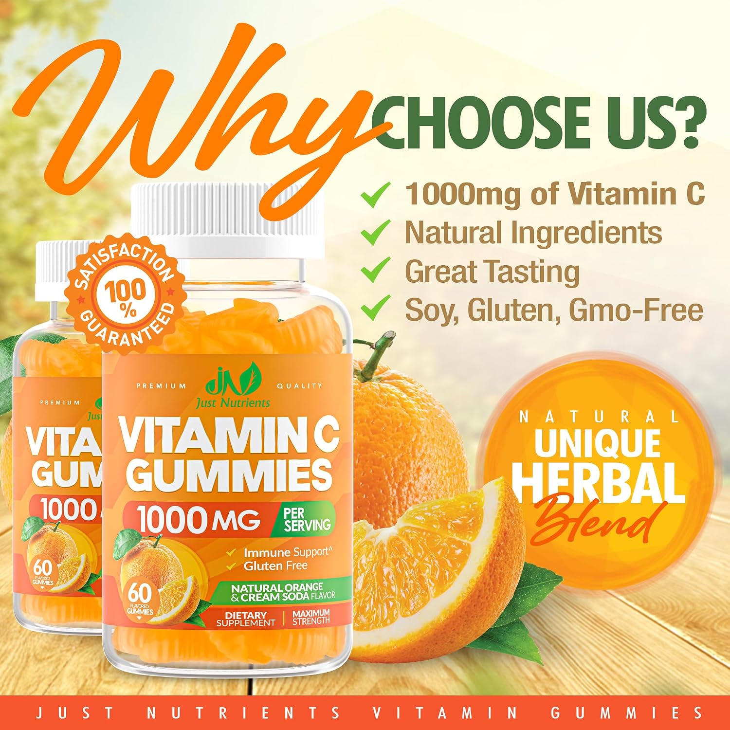 Vitamin C Gummies 1000mg – Multivitamínico masticable para adultos y niños con Zinc – Sabor naranja natural – Sin gluten, sin OGM, vegetariano – 60 gominolas