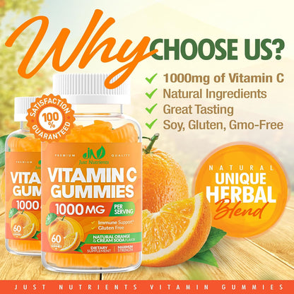 Vitamin C Gummies 1000mg – Multivitamínico masticable para adultos y niños con Zinc – Sabor naranja natural – Sin gluten, – Image 3