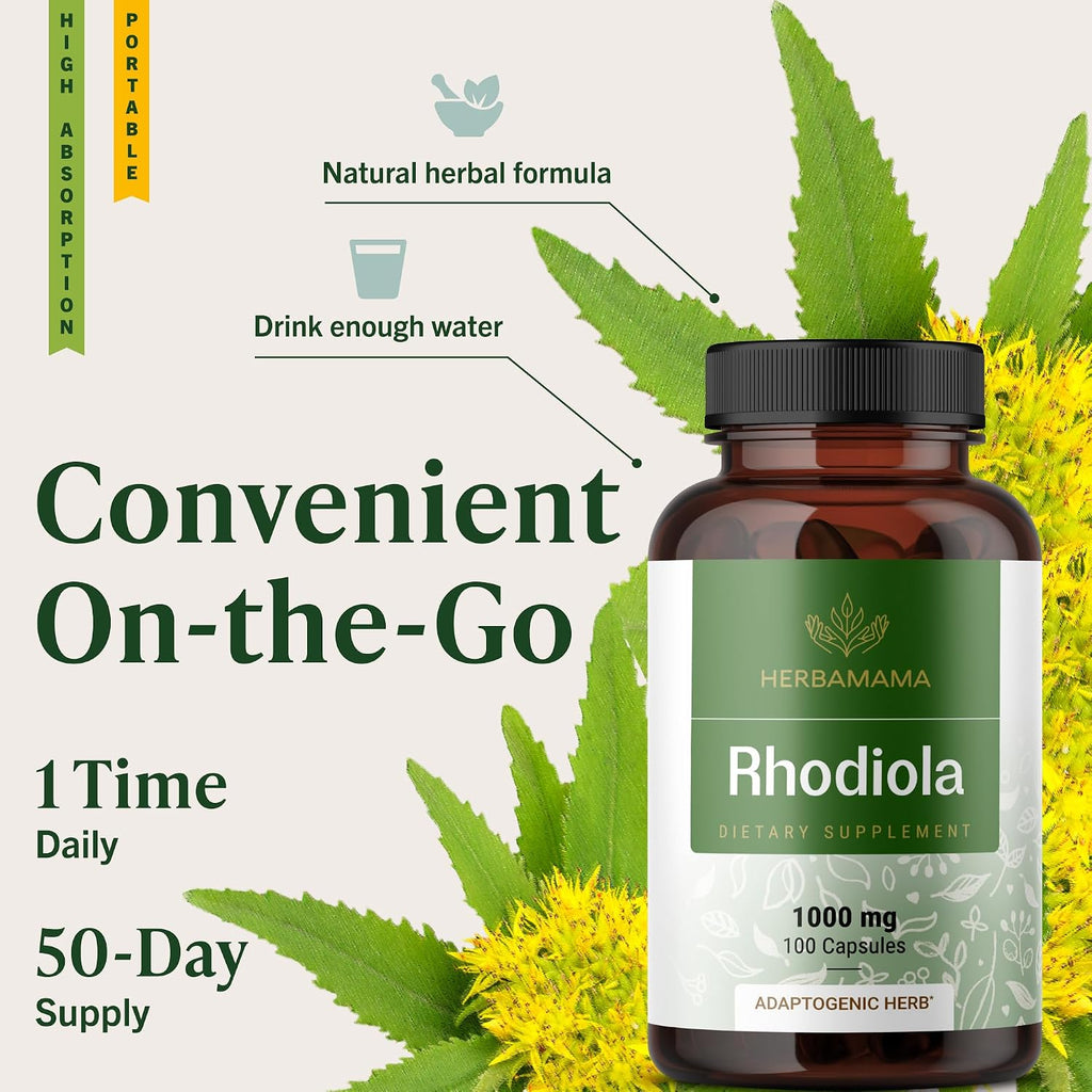 HERBAMAMA Rhodiola Rosea – 100 Cápsulas Veganas (50 Días)