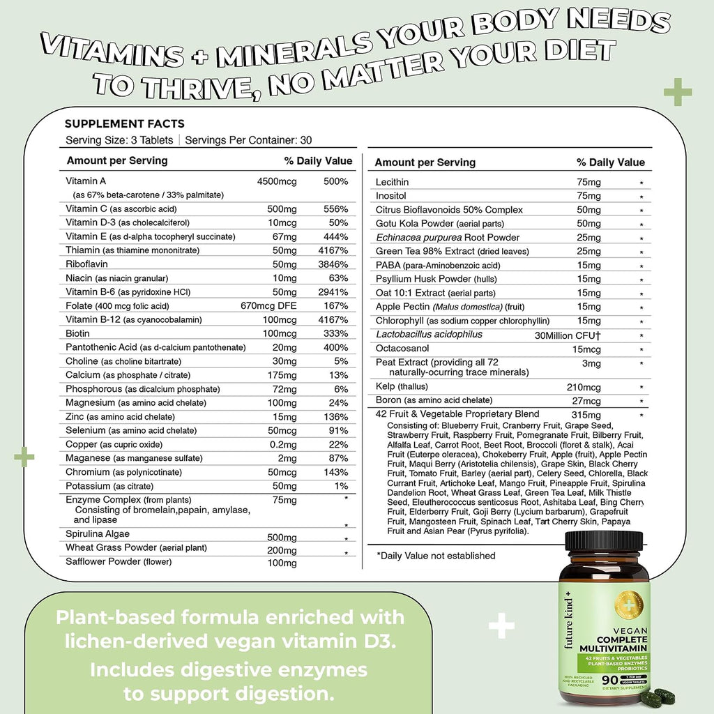 Future Kind Vegan Multivitamins Complete - Multivitamínico Vegano 42-en-1 con B12, Zinc y Probióticos (90 comprimidos)