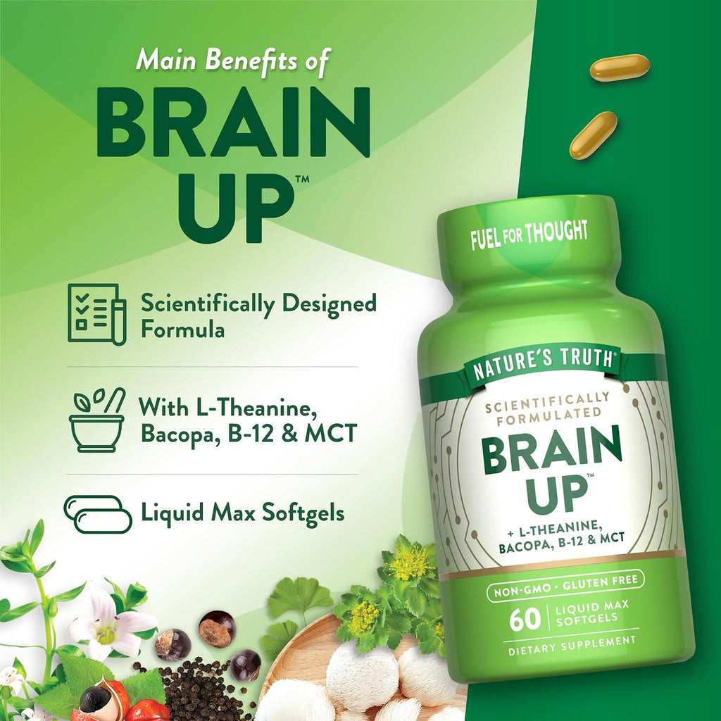 Nature's Truth Brain Up Cápsulas Blandas | 60 uds | con L-Teanina, Bacopa, B-12 y MCT
