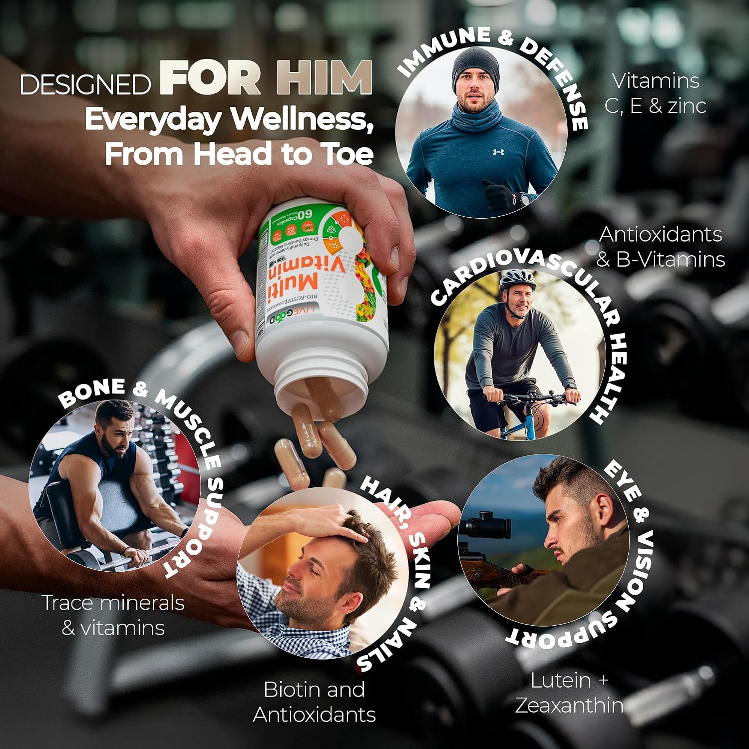 LiveGood Bio-Active Complete Multivitamin for Men, Daily Men’s Multi with 24 Essential Vitamins and Minerals for Energy, Immunity, Heart and Bone Support, Complete Men’s Formula (60 Capsules)