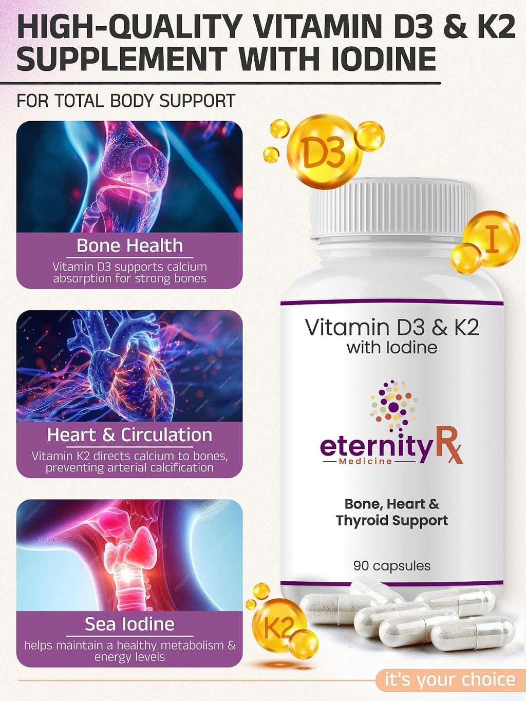 Eternity Medicine Rx Vitamina D3 y K2 5000 UI - Alta Potencia - Apoyo Óseo y Cardiovascular - 90 Cápsulas