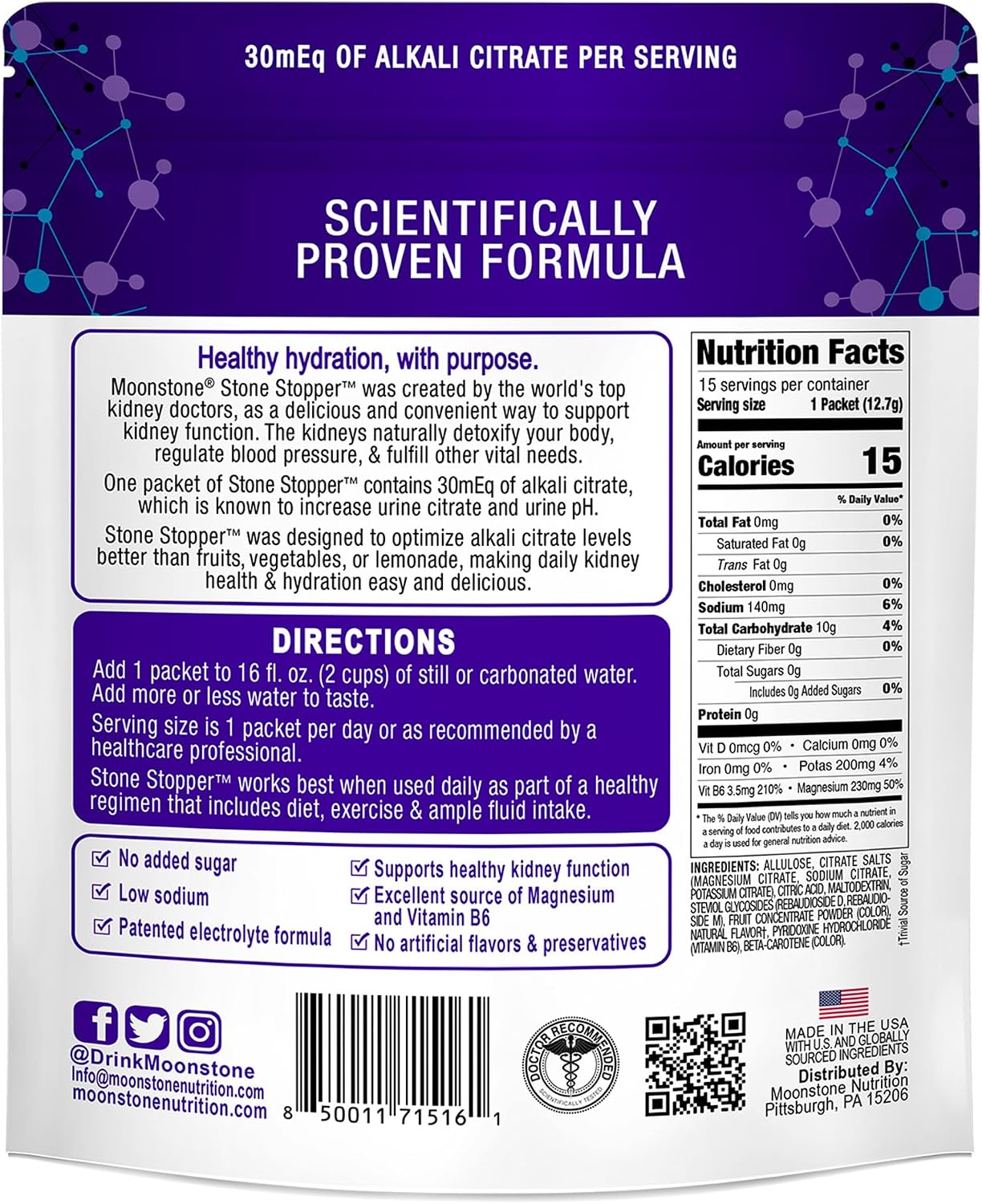 Moonstone Stone Stopper Drink Mix, Tropical - Prevención de Cálculos Renales, 15 Días