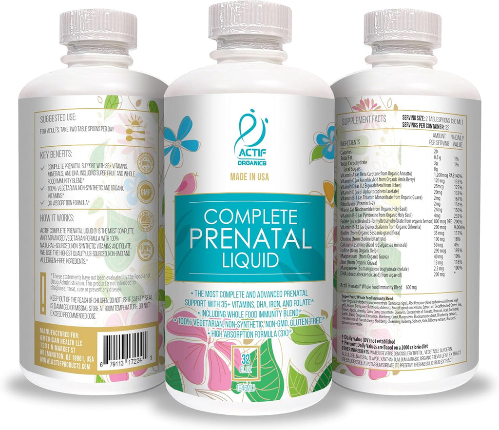 ACTIF Líquido Prenatal Orgánico Completo - 35+ Vitaminas con DHA y Colina, 32 oz (946 ml)