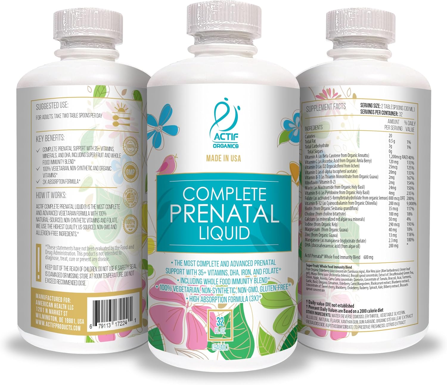 ACTIF Líquido Prenatal Orgánico Completo - 35+ Vitaminas con DHA y Colina, 32 oz (946 ml)