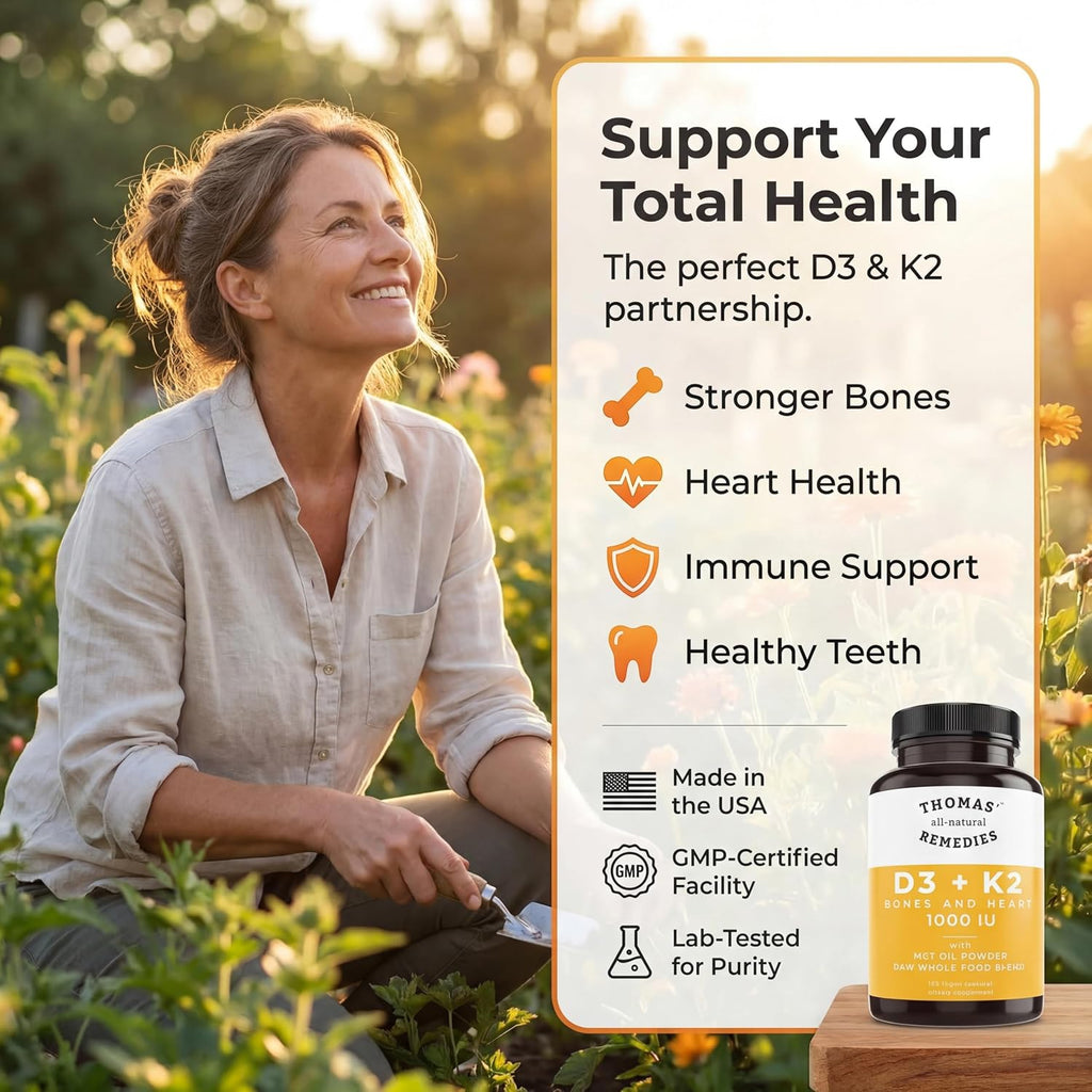 Thomas' all-natural Remedies D3 + K2 con MCT Oil y Mezcla de Alimentos Integrales, 1000 UI D3, Vegano, 120 Cápsulas