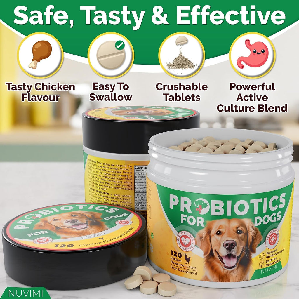 NUVIMI Probióticos para Perros con Prebióticos - 120 Comprimidos Sabor Pollo