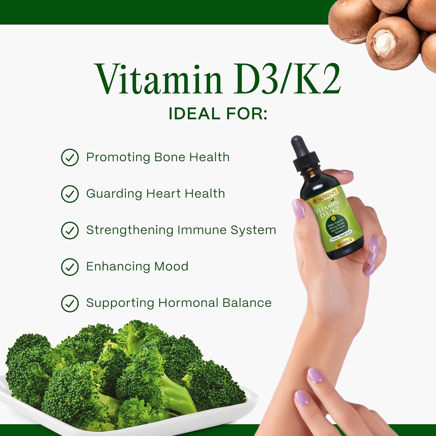 Go Nutrients Gotas Líquidas de Vitamina D3 y K2 MK-7, 30 ml