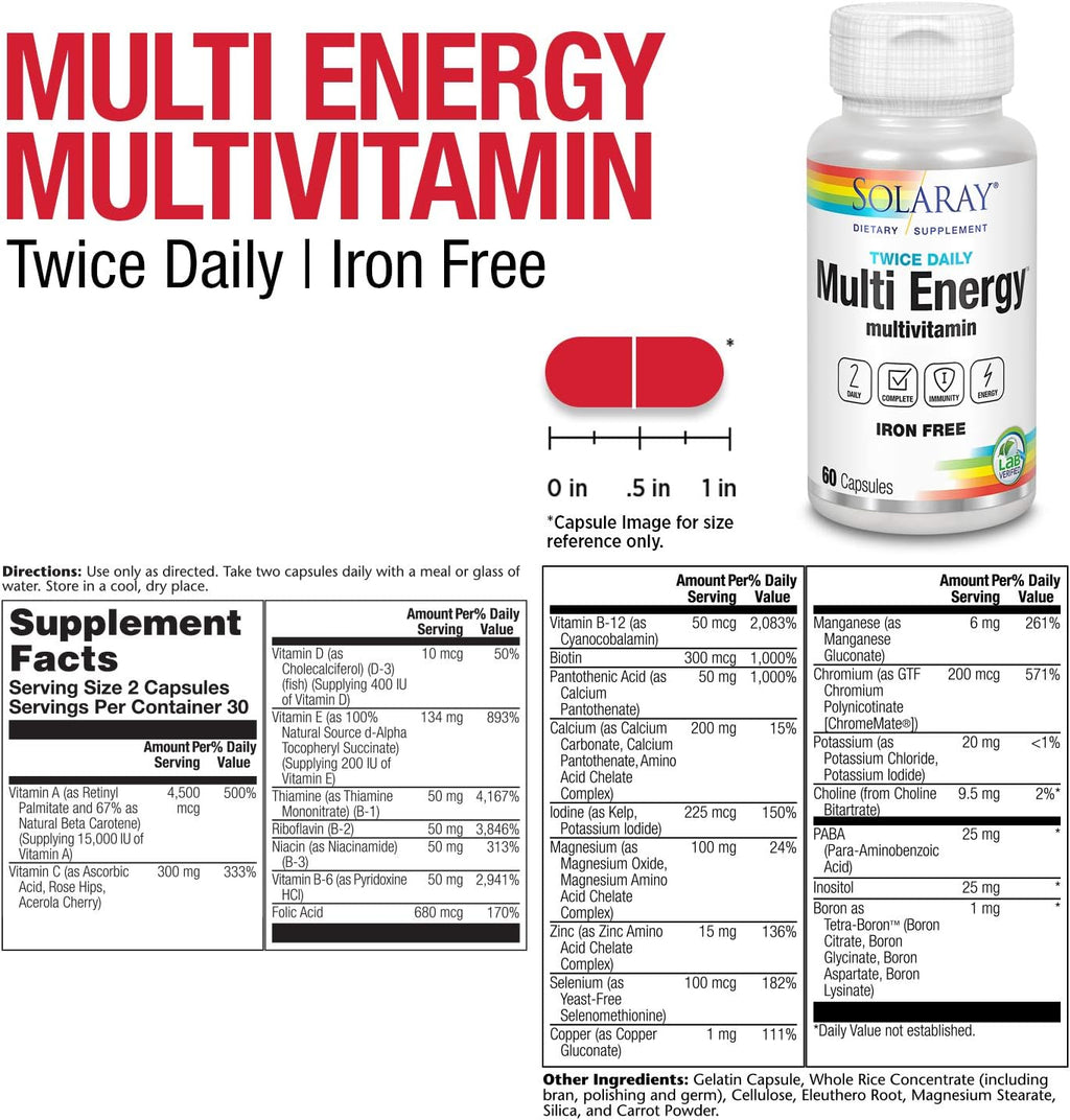 SOLARAY Twice Daily Multi Energy Multivitamínico Sin Hierro | Complejo Multivitamínico para Energía e Inmunidad | Non-GMO | 120 Cápsulas