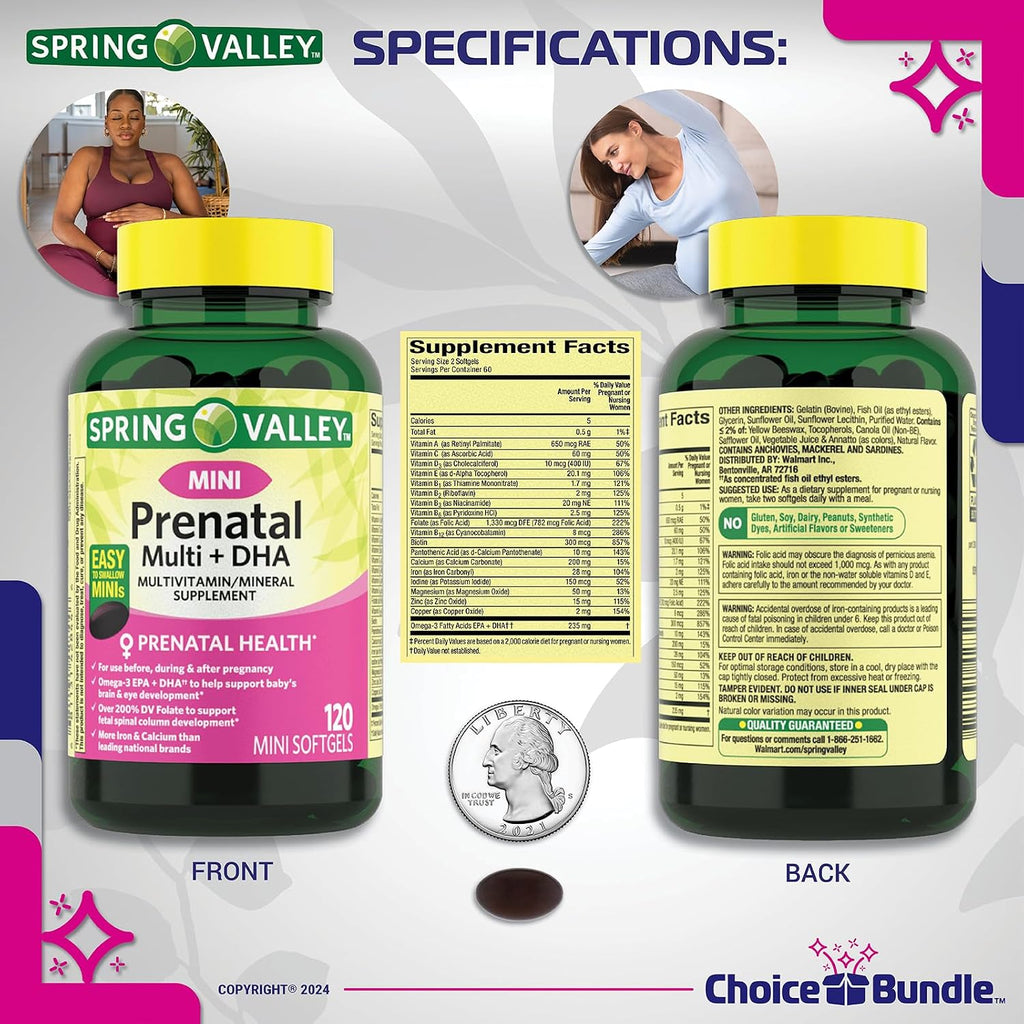 Choice Bundle: Prenatal Multi + DHA Completo Multivitamínico y Mineral – 240 Cápsulas Blandas (2 envases de 120)