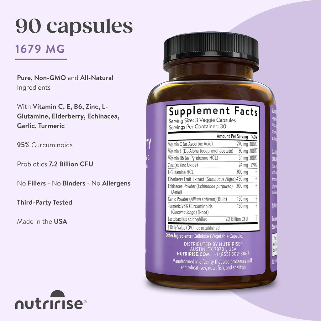 NutriRise Immunity Complex – Complejo Inmunitario con Saúco, Vitamina C, Zinc, Equinácea, Cúrcuma y Probióticos (90 Cápsulas)