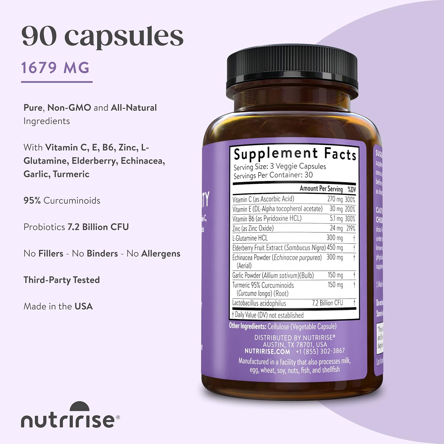 NutriRise Immunity Complex – Complejo Inmunitario con Saúco, Vitamina C, Zinc, Equinácea, Cúrcuma y Probióticos (90 Cápsulas)