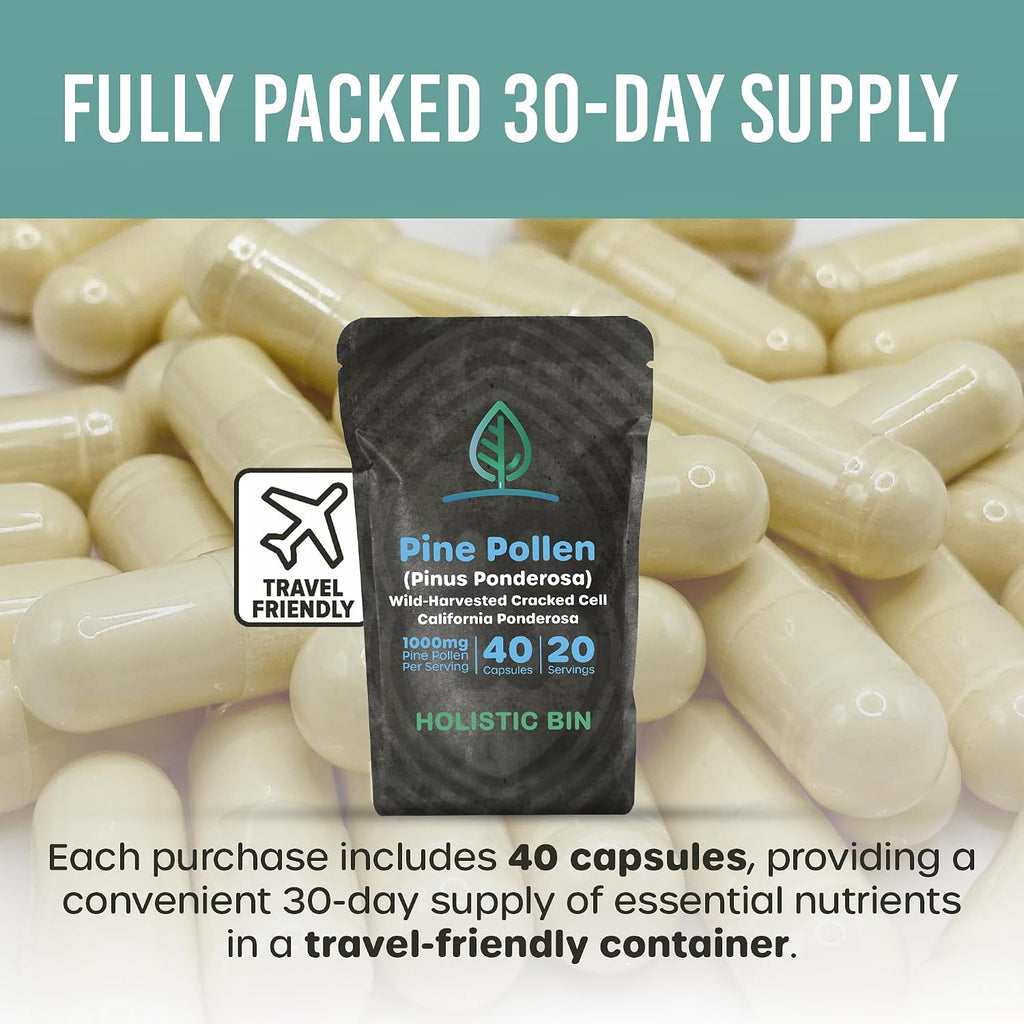 Cápsulas de Polen de Pino 500mg (Pinus Ponderosa) - Recolectado Salvaje en California - Grado Olímpico - Orgánico, No-GMO, Sin Rellenos - 40 Cápsulas