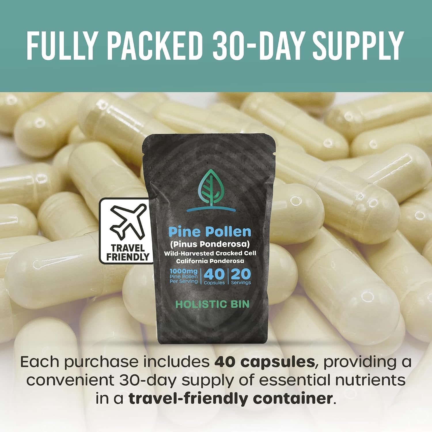 Cápsulas de Polen de Pino 500mg (Pinus Ponderosa) - Recolectado Salvaje en California - Grado Olímpico - Orgánico, No-GMO, Sin Rellenos - 40 Cápsulas
