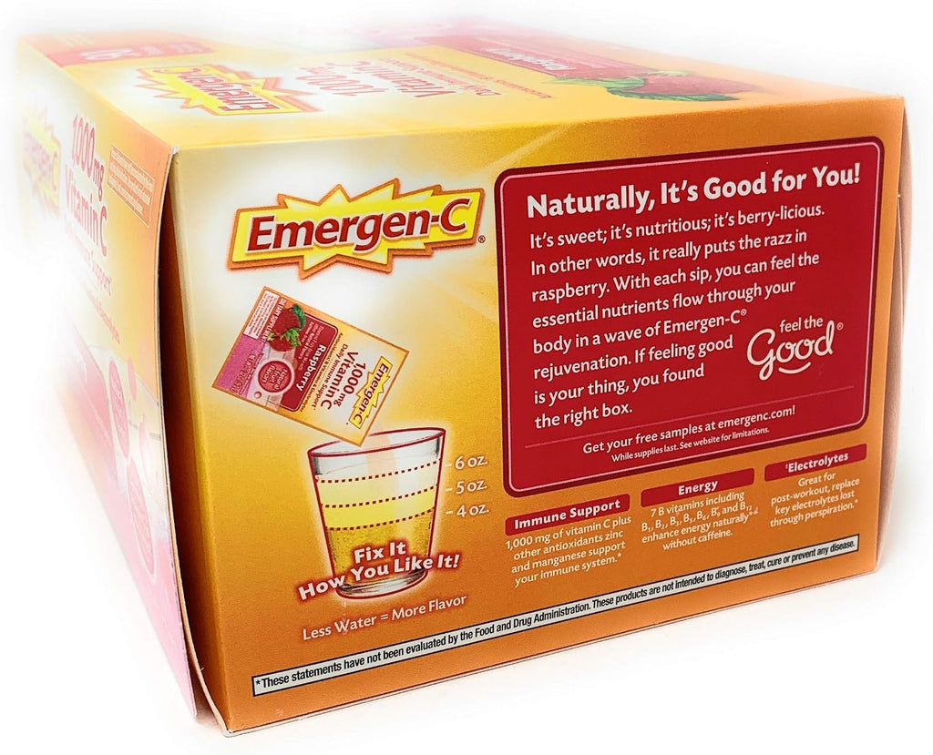 Emergen-C Complemento Alimenticio con 1.000 mg de Vitamina C, Sabor Frambuesa, 90 Sobres
