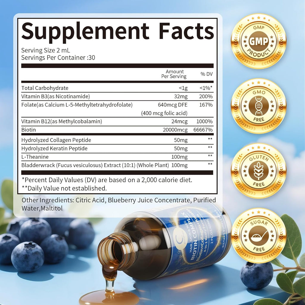 Liquid Biotin & Collagen Drops - 20000 µg de Biotina con Colágeno Líquido - 59 ml