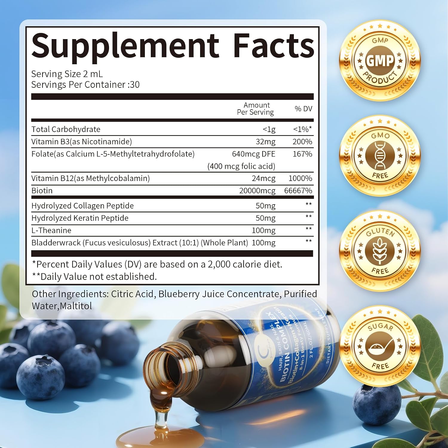 Liquid Biotin & Collagen Drops - 20000 µg de Biotina con Colágeno Líquido - 59 ml