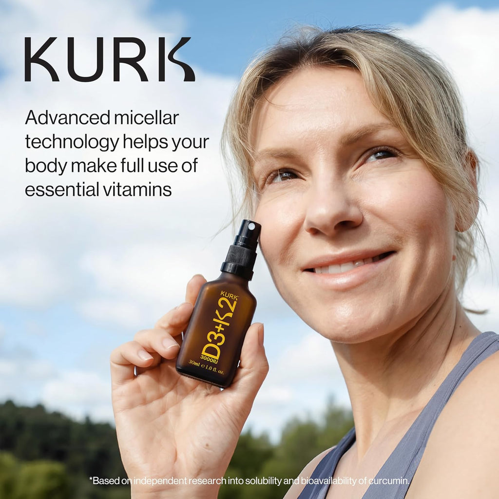 Kurk Spray Vegano de Vitamina D3+K2, 3000UI D3 y 150mcg K2 MK-7, Sabor Menta (30ml)