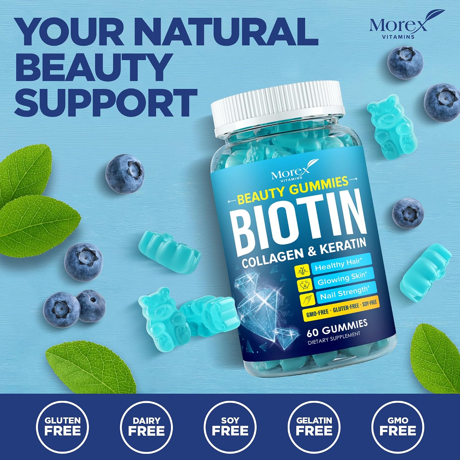 Biotina Gomitas con Colágeno y Queratina - Apoyo para Cabello, Piel y Uñas - Vitaminas B7 + Complejo B, MSM, Extracto de Bambú - 60 Gominolas