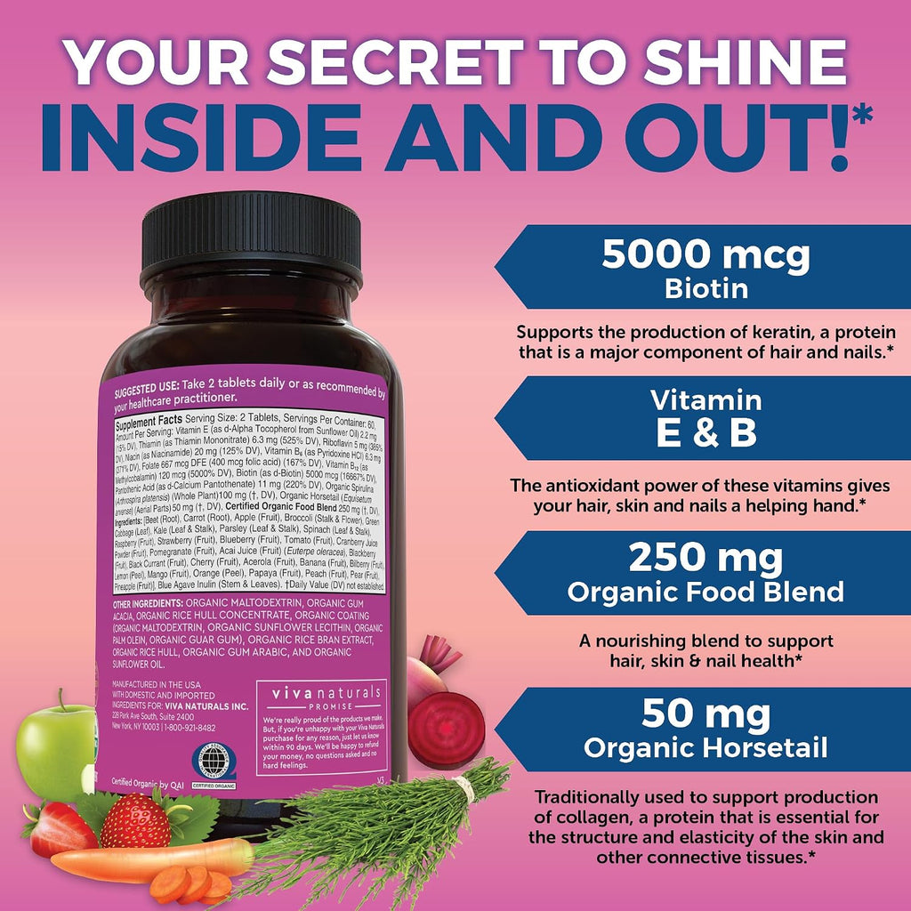 Viva Naturals Biotina 5000 mcg para Cabello, Piel y Uñas – Suplemento Orgánico y Vegetariano – 120 Comprimidos