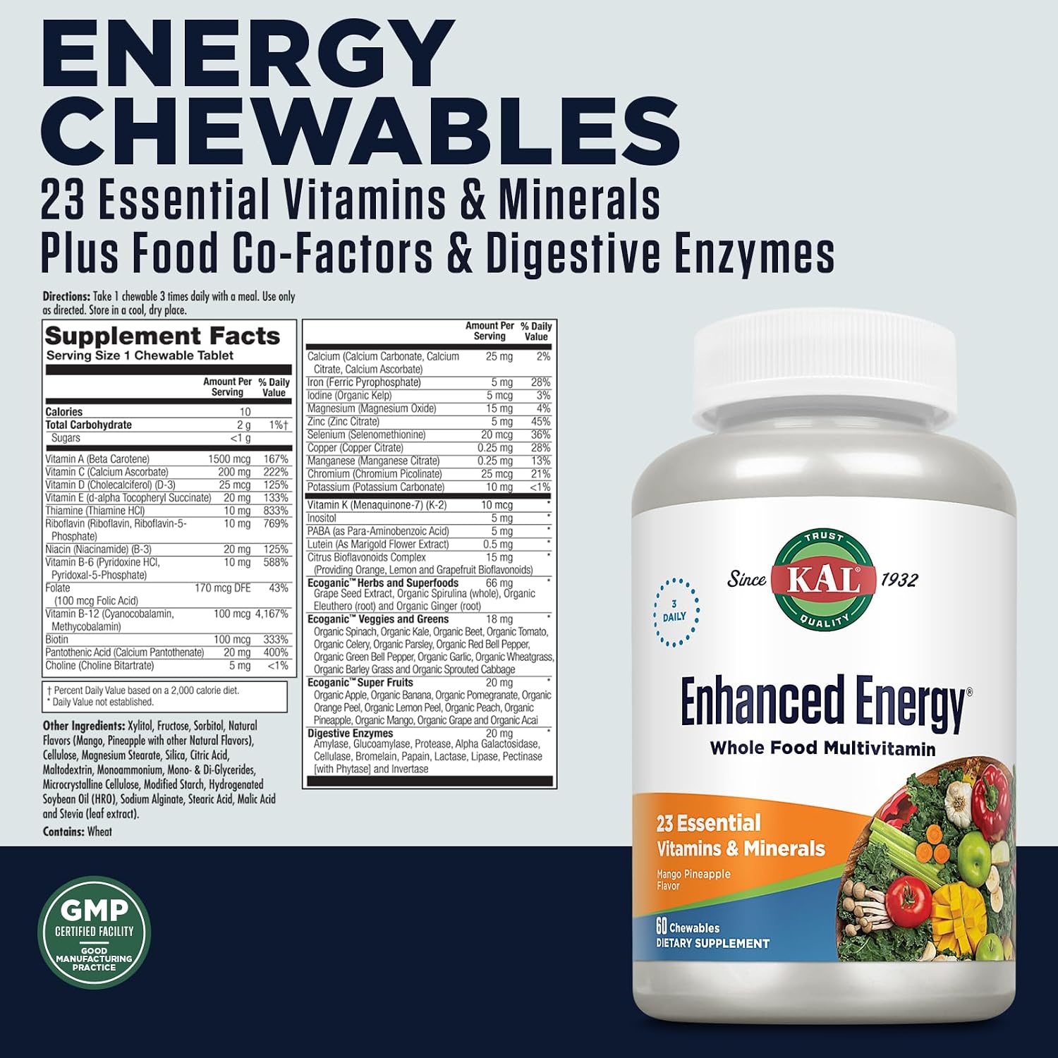 KAL Multivitamin Chewable Enhanced Energy con hierro - Sabor mango piña - 60 comprimidos