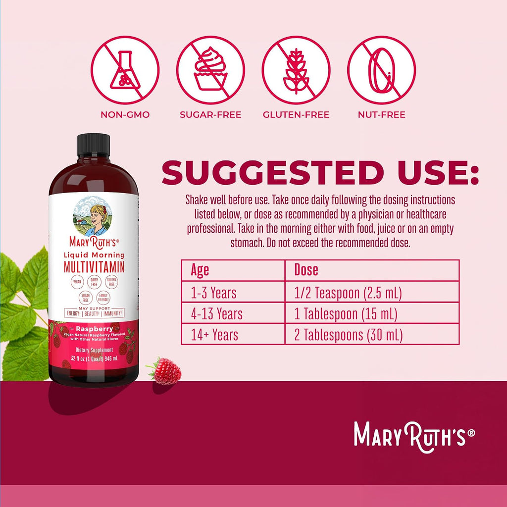 MaryRuth's Multivitamínico Líquido Matutino para Mujeres, Hombres y Niños - Vitaminas A, C, D, E, B6, B12, Biotina, Zinc - Vegano - Sin Gluten - 32 Porciones