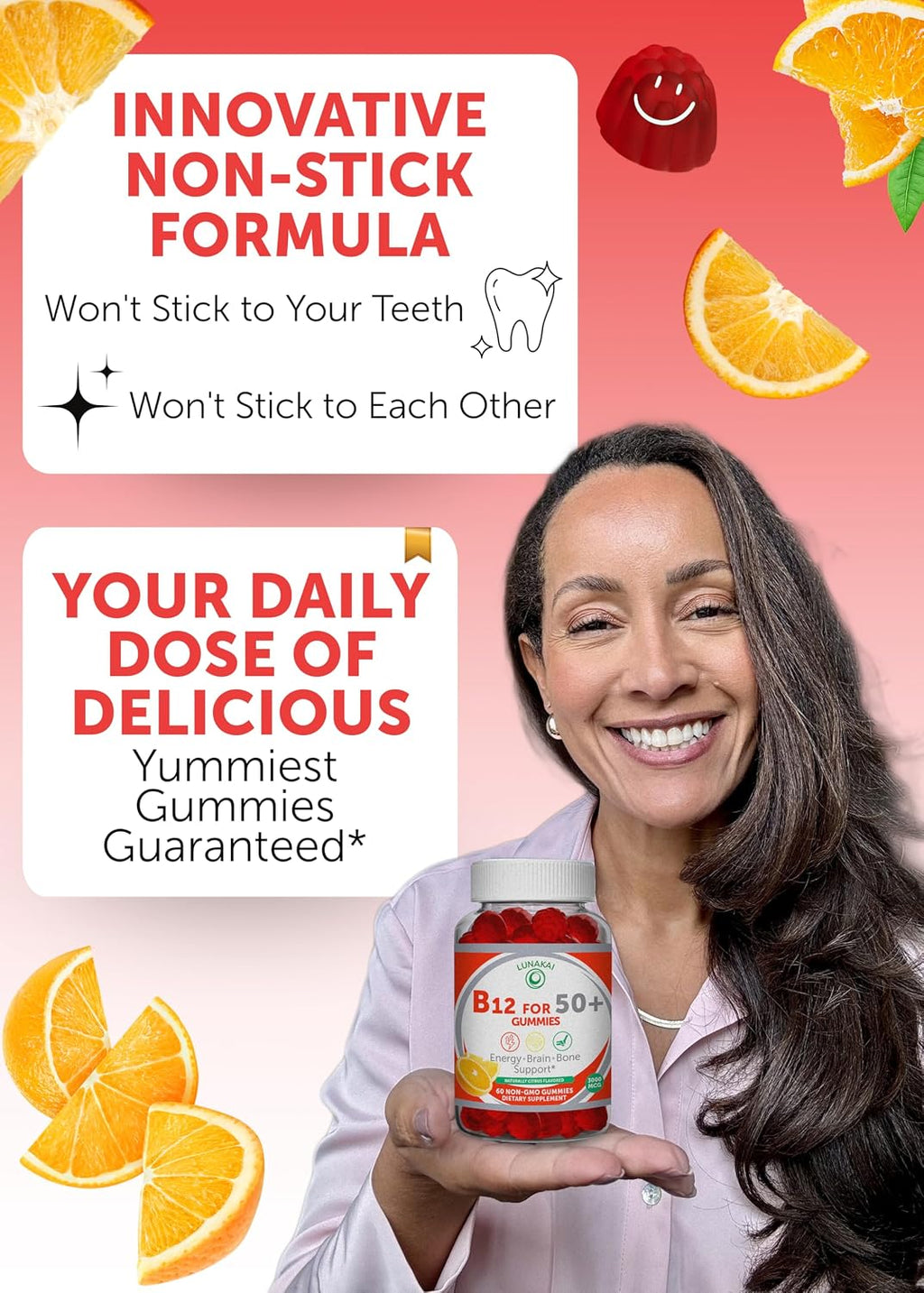 Lunakai Gominolas de Vitamina B12 para Adultos Mayores de 50, No Transgénico, Sabor Cítrico, 60 Unidades